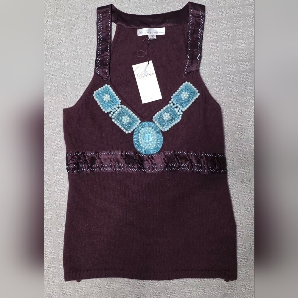 Abene Beaded Plum V-Neck Sleeveless Sweater Size 1 NWT